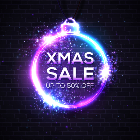 Christmas sale design template. Neon text and Christmas decoration frame on blue background. Xmas sale discounts card postcard poster luminous night advertising banner. Illuminated illustrationのイラスト素材