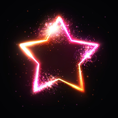 star frame with light flash and particles. Shining banner. Isolated on dark red background. Bright illustration in 80s neon style.のイラスト素材
