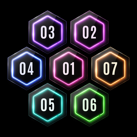 Colorful glossy plastic neon hexagon banners set. Glowing led polygon for business infographic. Elements for infographics template, information design. Glass texture buttons illustration.のイラスト素材