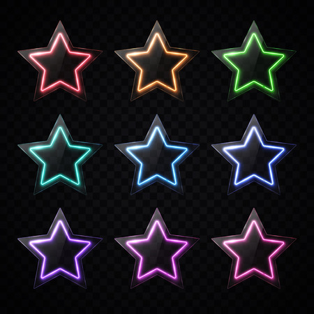 Colorful neon star shape banners set. Glowing led light stars with glass texture plate.のイラスト素材