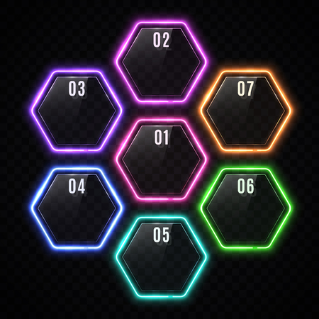 Glossy plastic banners set with led frame. Shiny neon lights hexagons for business design infographics report, number options, step presentation workflow layout. Clean modern style vector illustrationのイラスト素材