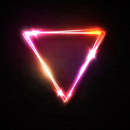 Shining triangle neon sign on black brick texture wall background. Glowing pink red yellow neon electric wiring border with stars sparkles. Night club 80s style retro signage illustration.のイラスト素材