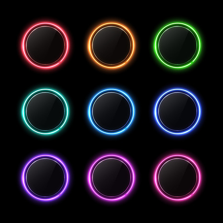 Color buttons set. Neon circle with light effect. Glossy glass texture banner with glare on black background. Round glowing sign for web interface infographic internet site report.のイラスト素材