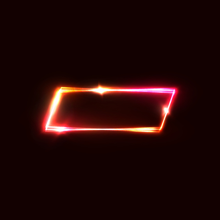 Geometric neon vector banner on red dark background. Neon rectangle frame with electric laser effect. Shining sign with light flash sparkle star. Retro 80s style signboard. Color vector illustration.のイラスト素材