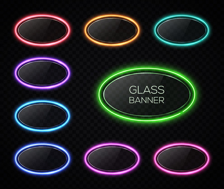Colorful oval neon lights banner design set. Glowing electric illuminated signs with glass texture backdrop on transparent background. Elements for your ad, sign, poster. Shining vector illustration.のイラスト素材