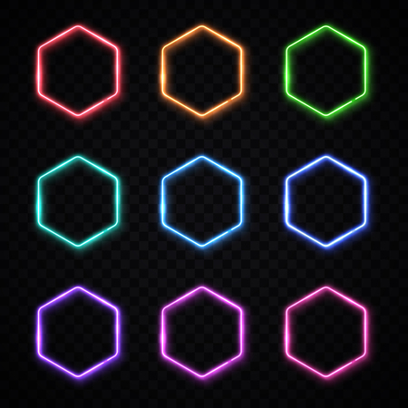 Hexagon neon banners set. Glowing electric borders collection. Hexagonal light signs with blank text space.のイラスト素材