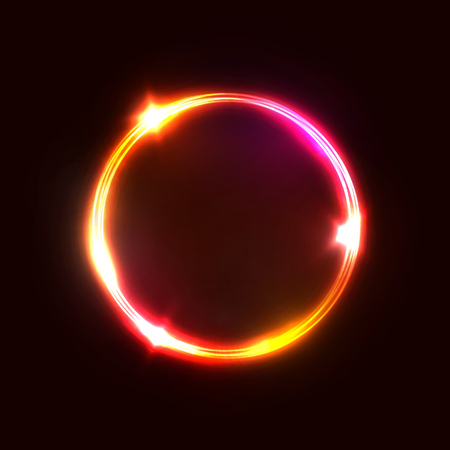 Neon red pink circle lamp sign isolated on dark red background. Electric geometric shape border with text space.のイラスト素材