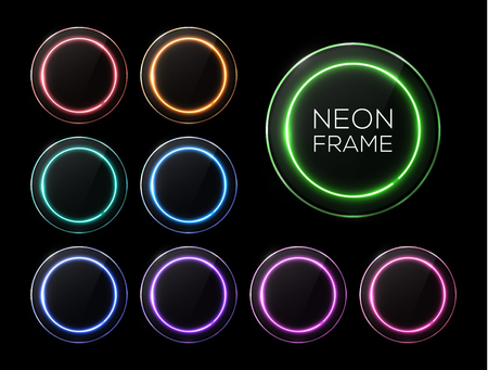 Halogen or led lamp glowing banners set. Colorful neon light circle frames with glass plates collection on black background. Electric technology round borders.のイラスト素材