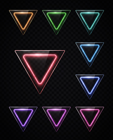 Neon light colorful set of shining rounded triangle on transparent background. Illuminated geometric polygon frame with glass or plastic with blank text space.のイラスト素材
