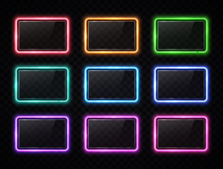 Colorful neon square signs set with glass texture plates. Glowing color rectangles collection on transparent background. Shining led halogen lamps frame banners.のイラスト素材