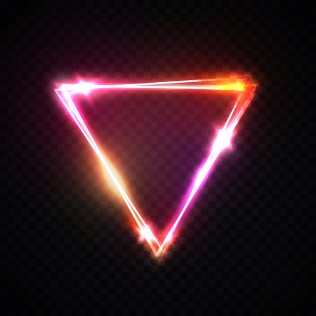 Upside down triangle neon background. Electric geometric shape with light flare glow on transparent. Shining logo border design for casino night club disco rave party in 1980 style illustrationのイラスト素材