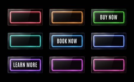 Colorful neon square signs set. Buy now, learn more, book now light banners design. Glowing rectangle buttons on black background. Shining led halogen lamp frame banner.のイラスト素材
