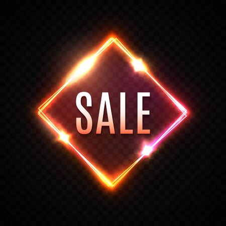 Sale banner. Bright 3d neon light square background. Discount sign on black transparent rectangle. Technology electric rhombus shape frame. Sale design advertising sign. Red color vector illustration.のイラスト素材