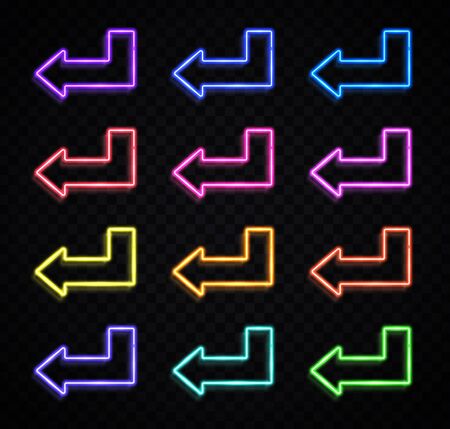 Neon 3d arrow pointer set on black transparent background. Color enter arrows symbol. Glowing led line lamp on dark backdrop. Night light retro direction sign element design Bright vector illustrationのイラスト素材