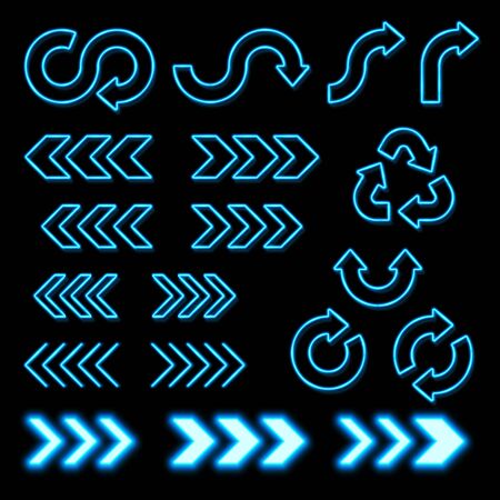 Neon Set. Glowing blue light signs arrows. 3d bright pointer direction symbol design template. Circle recycling arrows. Illuminated vector illustration on black background for night club bar retro ad.のイラスト素材