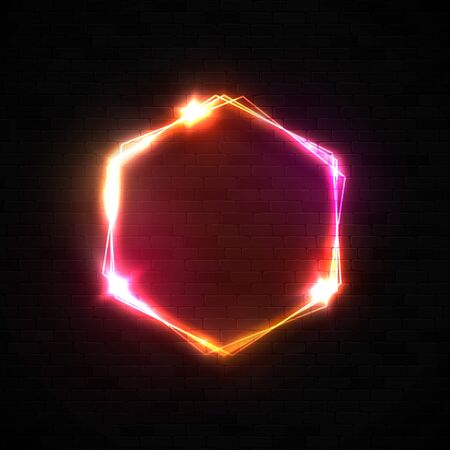 Neon light hexagon shape banner on black brick wall background. Dark red 3d sign with star flash for nightlife bar club street design template. Retro bright electric hexagon frame vector illustration.のイラスト素材