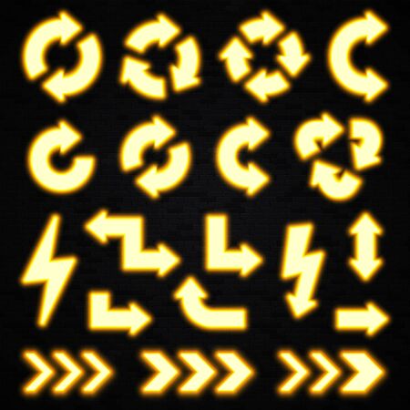 Glowing yellow neon arrows set on black brick background. Shining led halogen lamp light effect. Illuminated direction pointer symbol. Circle recycling arrow lightning bolt. Bright vector illustrationのイラスト素材
