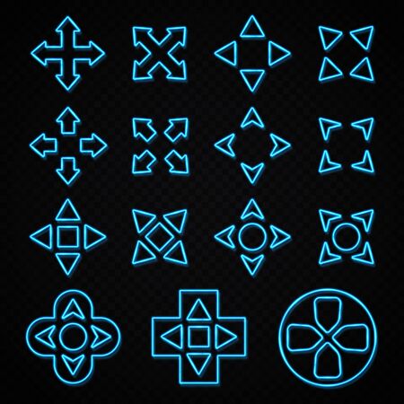 Neon game sign set on transparent background. Blue light arrow cursor icons. Retro 80s neon gaming style. Controller keys with direction cross on and off buttons on gamepad. Bright vector illustrationのイラスト素材