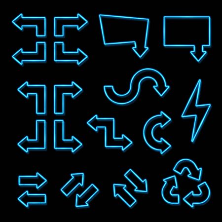 Blue neon 3d arrows set on black background. Shining led halogen lamp sign showing direction. Illuminated frame light pointer symbol. Circle recycling arrow lightning bolt. Bright vector illustration.のイラスト素材