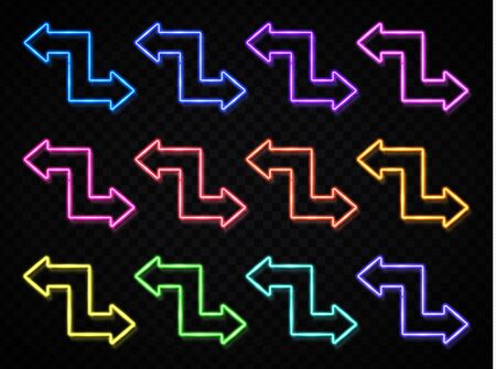 Glowing color neon light arrows set isolated on transparent background. Pointer direction symbol. Retro design elements. Shining neon light effect. Bright 3d realistic vector illustration.のイラスト素材