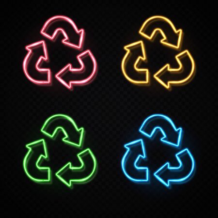 Neon light color recycle symbol sign set on transparent background. Red yellow green blue outline triangle arrow. Recycling logo design for waste reuse flyer banner. Bright ecology vector illustrationのイラスト素材