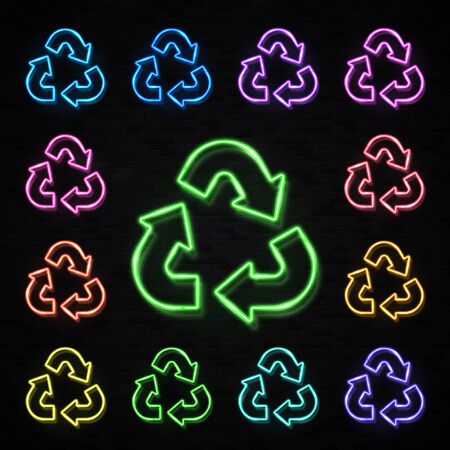 Color neon recycle symbol set isolated on black background. The universal recycling logo. Glowing triangle arrow icon. Reuse paper ecology sign. Ecological waste concept Bright eco vector illustrationのイラスト素材