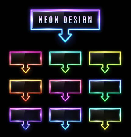 Neon rectangle arrow pointer set with color gradient on black background. Light arrows symbol. Glowing illuminated lamp frame with glossy plastic plate for bar cafe store. Bright vector illustration.のイラスト素材