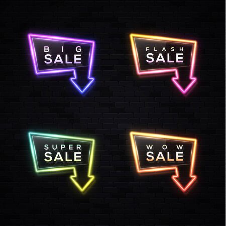 Big sale neon arrow sign set on black brick wall background. 3d super discount gradient retro frame for business design. Light border with glossy plastic plate. Flash sale bright vector illustration.のイラスト素材
