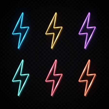 3d lightning bolt  set on transparent background. Neon light color thunderbolt sign. Electric flash symbol. Glowing electricity design for decoration flyer. Bright power icon vector illustration.のイラスト素材