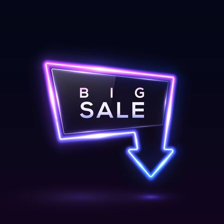 Big Sale neon banner on dark blue background. Glowing led lamp border with glossy glass plate. Shining arrow discount signboard. Sale sign for business flyer poster design. Bright vector illustration.のイラスト素材