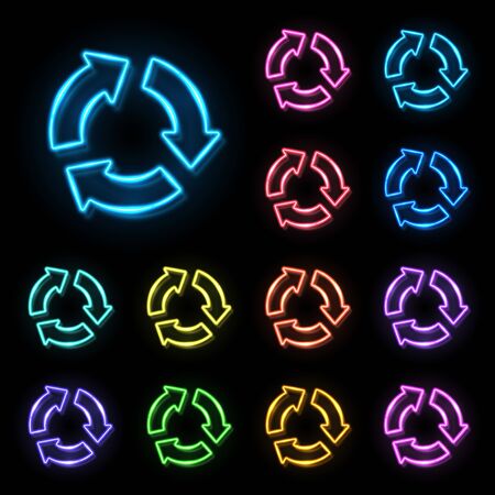 3d color neon 3 in circle arrows set on black background. Zero Waste Reuse Recycle icon for web internet. Glowing light recycling symbol. Refresh reload pointer concept. Bright vector illustration.のイラスト素材