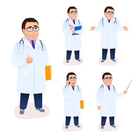 Male caucasian doctors set wearing uniform on white background. Flat medical staff concept. GP with cell phone hand ok gesture. Mobile consultation. Cartoon design people character vector illustrationのイラスト素材