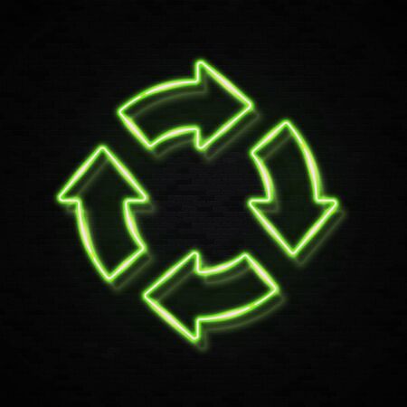 3d green neon 4 in circle arrows on black brick background. Zero Waste Reuse Recycle icon for web internet. Glowing light recycling symbol. Refresh reload pointer concept. Bright vector illustration.のイラスト素材