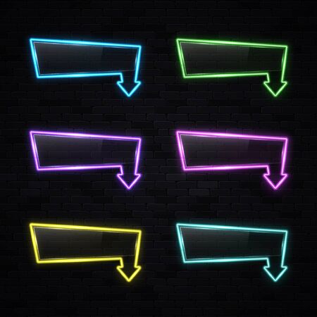 Neon light rectangle arrow pointer set on black brick background. Color arrows symbol. Glowing illuminated led lamp tube frame with plastic plate for bar cafe store design. Bright vector illustration.のイラスト素材