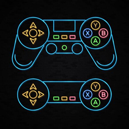 Neon game sign set on black brick wall background. Blue light arrow cursor icons. Retro 80s neon gaming style. Controller key with direction cross on off buttons on gamepad. Bright vector illustrationのイラスト素材