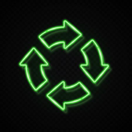 3d green color neon 4 in circle arrow on dark transparent background. Zero Waste Reuse Recycle icon for banner. Glowing light recycling symbol Refresh reload pointer concept Bright vector illustrationのイラスト素材