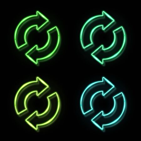 Recycling ecology icon set in neon style on black background. 3d glowing green blue eco sign concept. 2 arrows in circle recycle symbol. Organic natural design element. Bright vector illustration.のイラスト素材