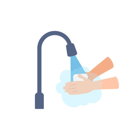 Wash hands icon isolated on white background. Washing hands with soap and water sign. Flu virus coronavirus bacteria prevention. Good hygiene practice. Health safety flat color vector illustration.のイラスト素材