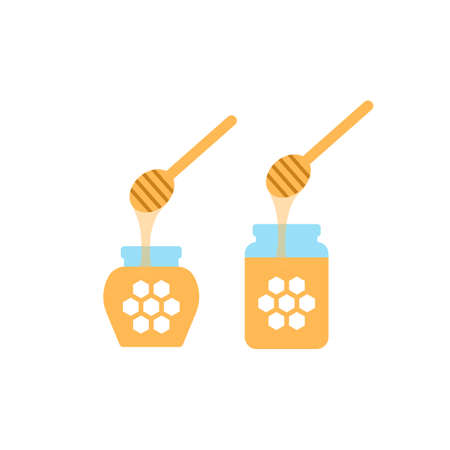 Honey jar flat icon isolated on white background. Healthy organic dessert pot with honeycomb ladle. Sweet honey glass pot design with yellow dipper. Flu virus natural medicine vector illustrationのイラスト素材