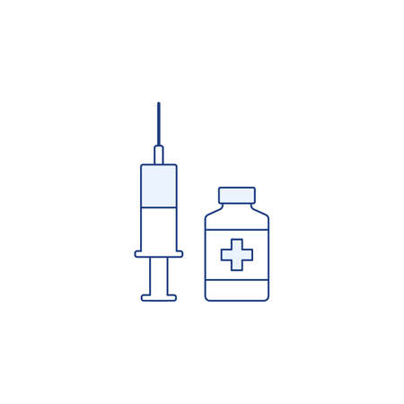 Vaccination thin line icon isolated on white background. Outline vaccine medicine. Medical design syringe vaccine bottle. Season flu shot injection. Health safety. Virus prevention vector illustrationのイラスト素材