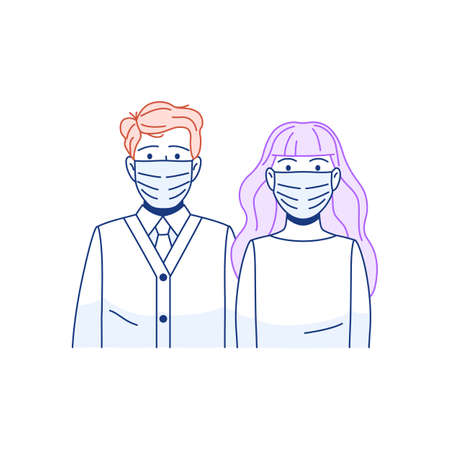 Young people man woman in protective surgical face mask thin line icon. Flu virus coronavirus disease epidemic health safety sign. Outline persons in air pollution mask. Medical vector illustration.のイラスト素材