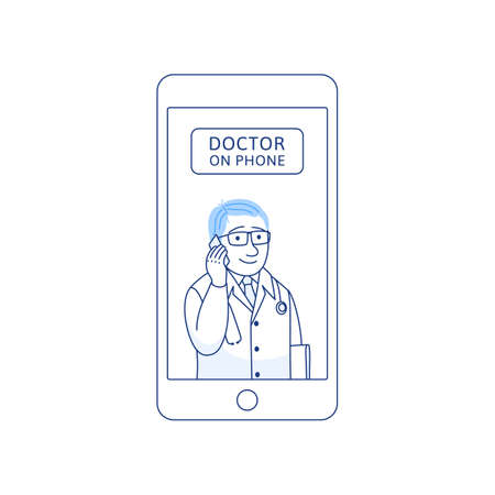 Doctor on phone thin line icon isolated on white background. Male therapist with cell phone. Smartphone consultation. Online doctor concept for medical app website Outline medicine vector illustrationのイラスト素材