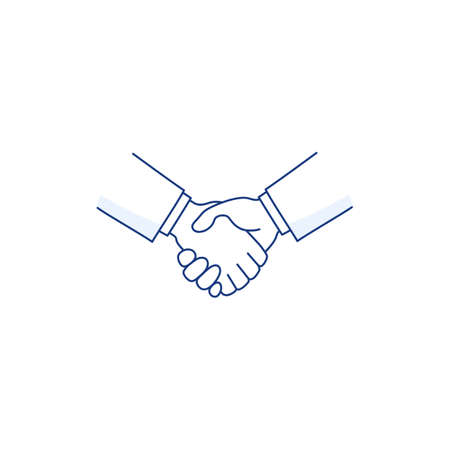 Handshake thin line icon isolated on white. Deal agreement partnership symbol. Men shaking hands. Business partners greeting. Hand shake  people friendship sign. Vector outline style illustration.のイラスト素材