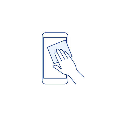 Phone surface disinfection thin line icon. Mobile phone with virus germs. Outline human hand clean disinfect the device with disinfectant wipes. Cleaning gadget concept Isolated vector illustrationのイラスト素材