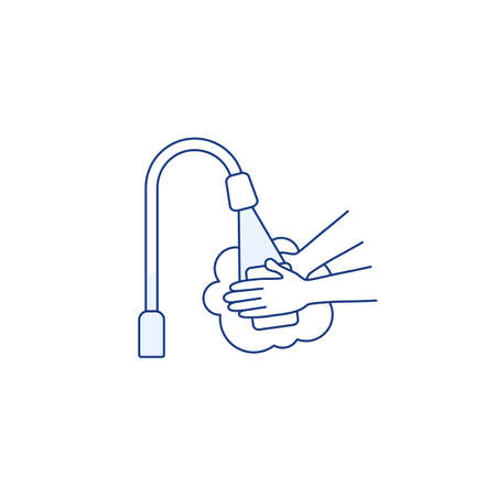 Wash hands line icon isolated on white background. Washing hands with soap and water sign. Flu virus coronavirus bacteria prevention. Good hygiene practice. Health safety outline vector illustration.のイラスト素材