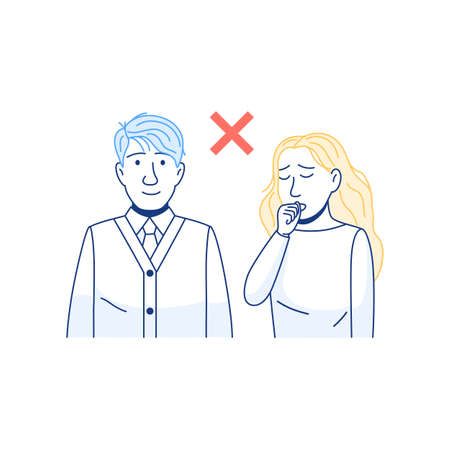 Avoid contact with sick person concept. Thin line epidemic health safety icon. Healthy man sick coughing woman isolated on white. Virus prevention Outline people characters Medical vector illustrationのイラスト素材