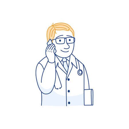 Mobile phone medical consultation thin line icon. Telemedicine concept. Male doctor prescribes treatment. Therapist using smartphone to call patient. Medical care service outline vector illustration.のイラスト素材