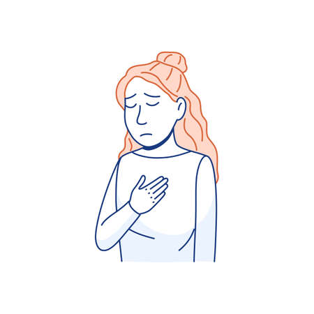 Chest pain thin line icon. Sick woman has difficulty breathing. Heart attack flu virus early symptom Young person with cardiovascular disease Outline flat style healthcare medical vector illustration.のイラスト素材