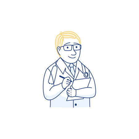 Thin line doctor portrait with clipboard avatar isolated on white background. Flat male young physician check up with stethoscope and checklist. Outline medical character vector illustration.のイラスト素材