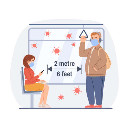 People in masks man, woman ride in public transport subway, metro, bus, train. Social distance 2m concept. Flat male female character design. Cartoon flu virus infection prevention vector illustrationのイラスト素材
